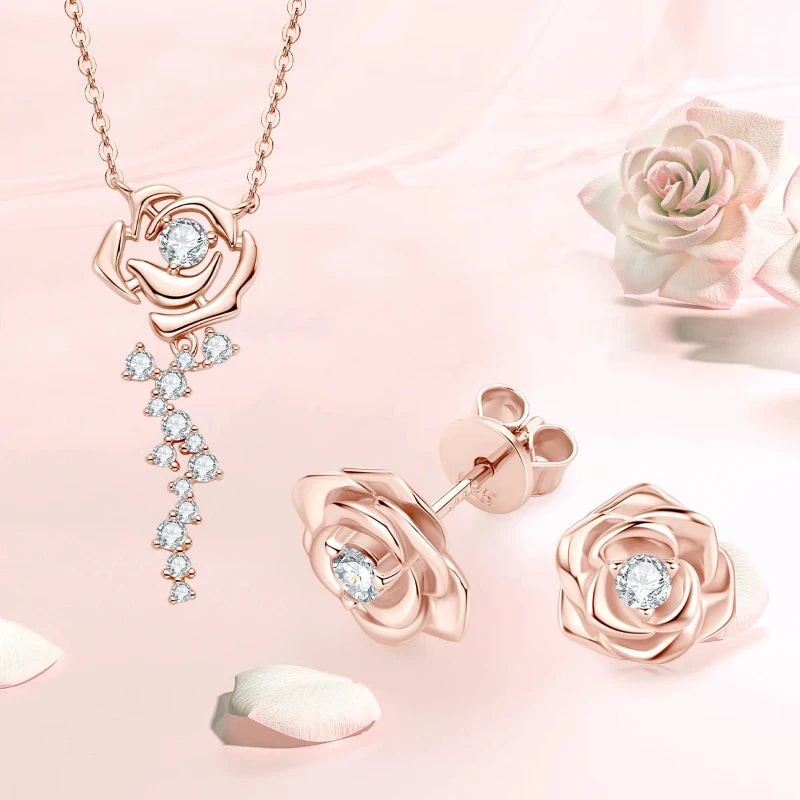 Rose Moissanite Stud Earrings and Necklace Jewelry Set