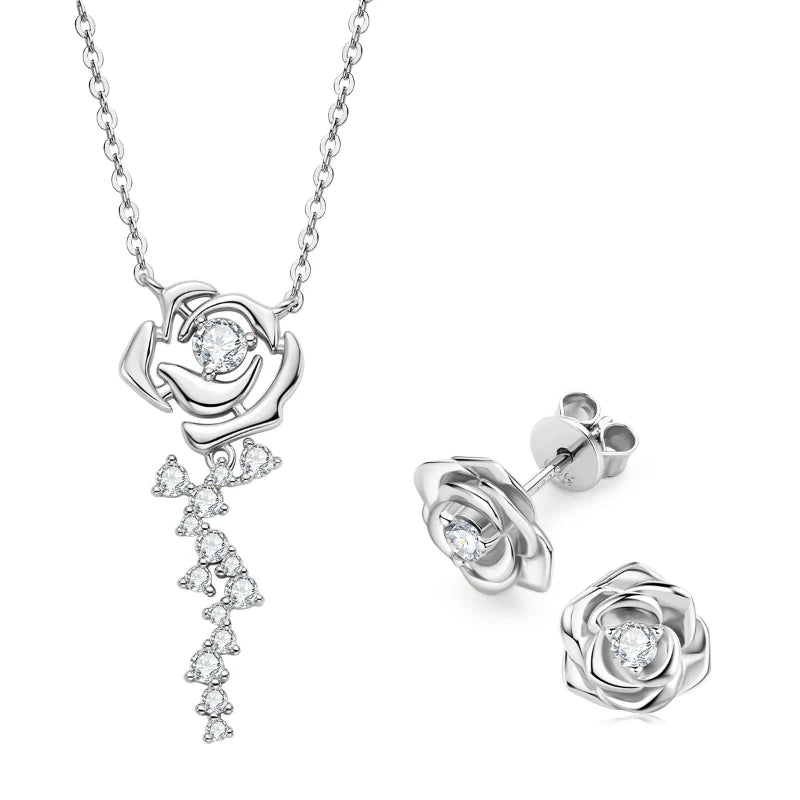 Rose Moissanite Stud Earrings and Necklace Jewelry Set