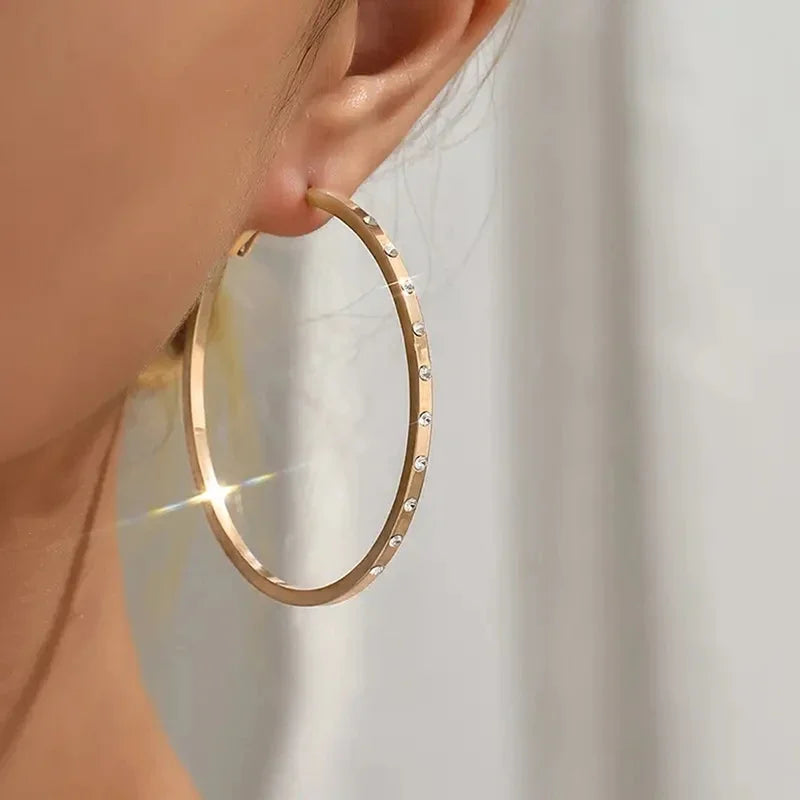 Golden Large Hoop Earrings with Cubic Zirconia